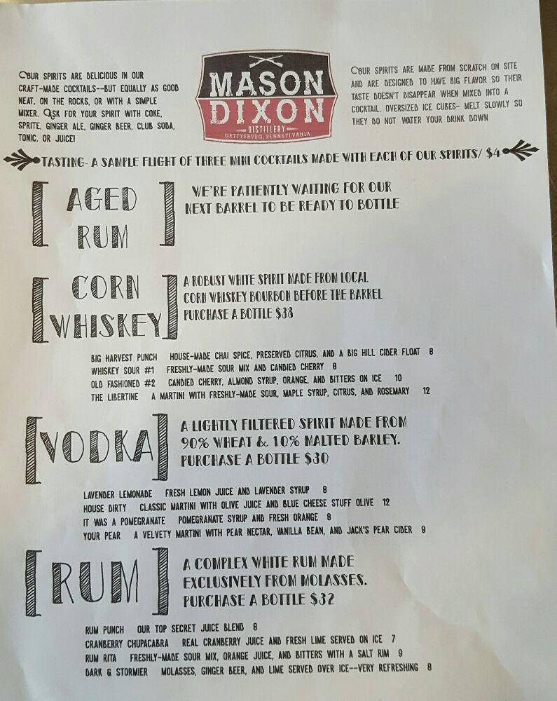 Gluten-Free Menu - Photo from Mason Dixon Distillery