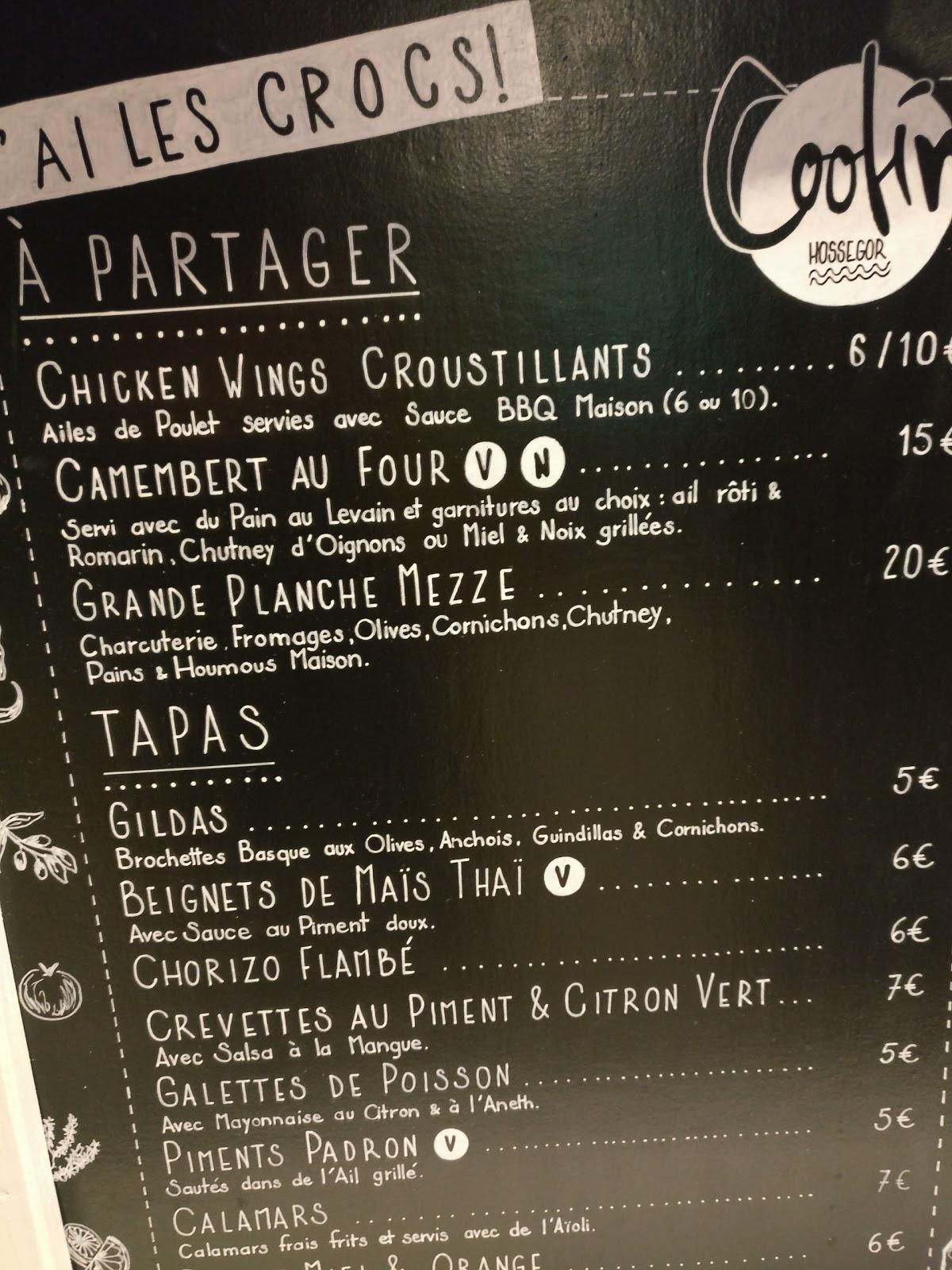 Menu at Coolin Hossegor restaurant, Hossegor