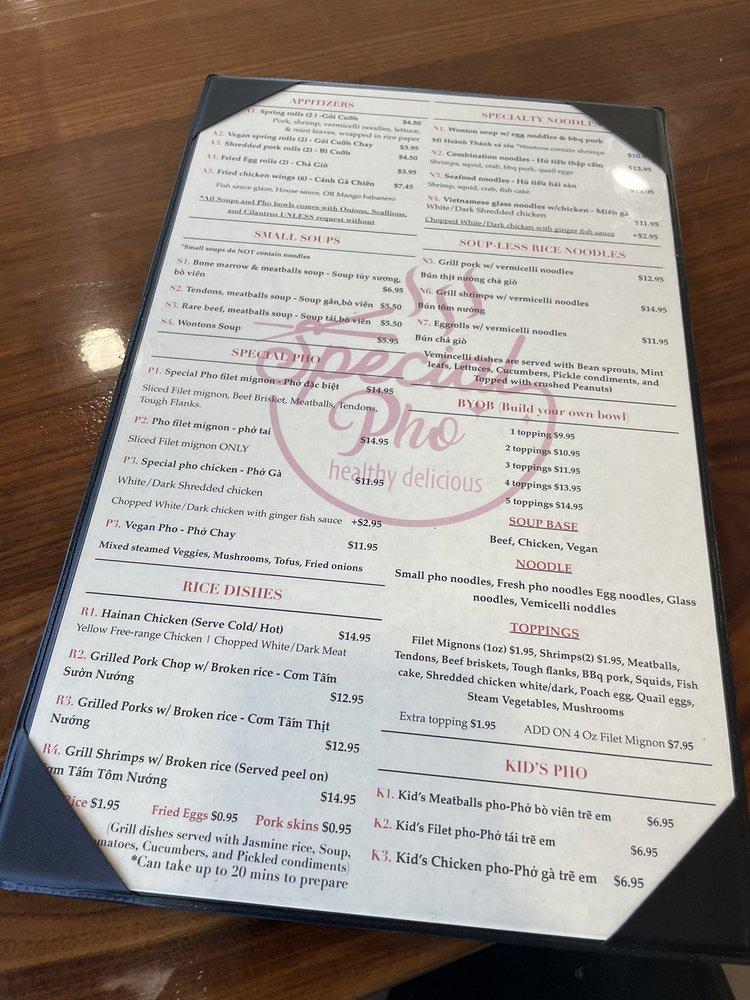 Menu at Special Pho Pinellas park restaurant, Pinellas Park