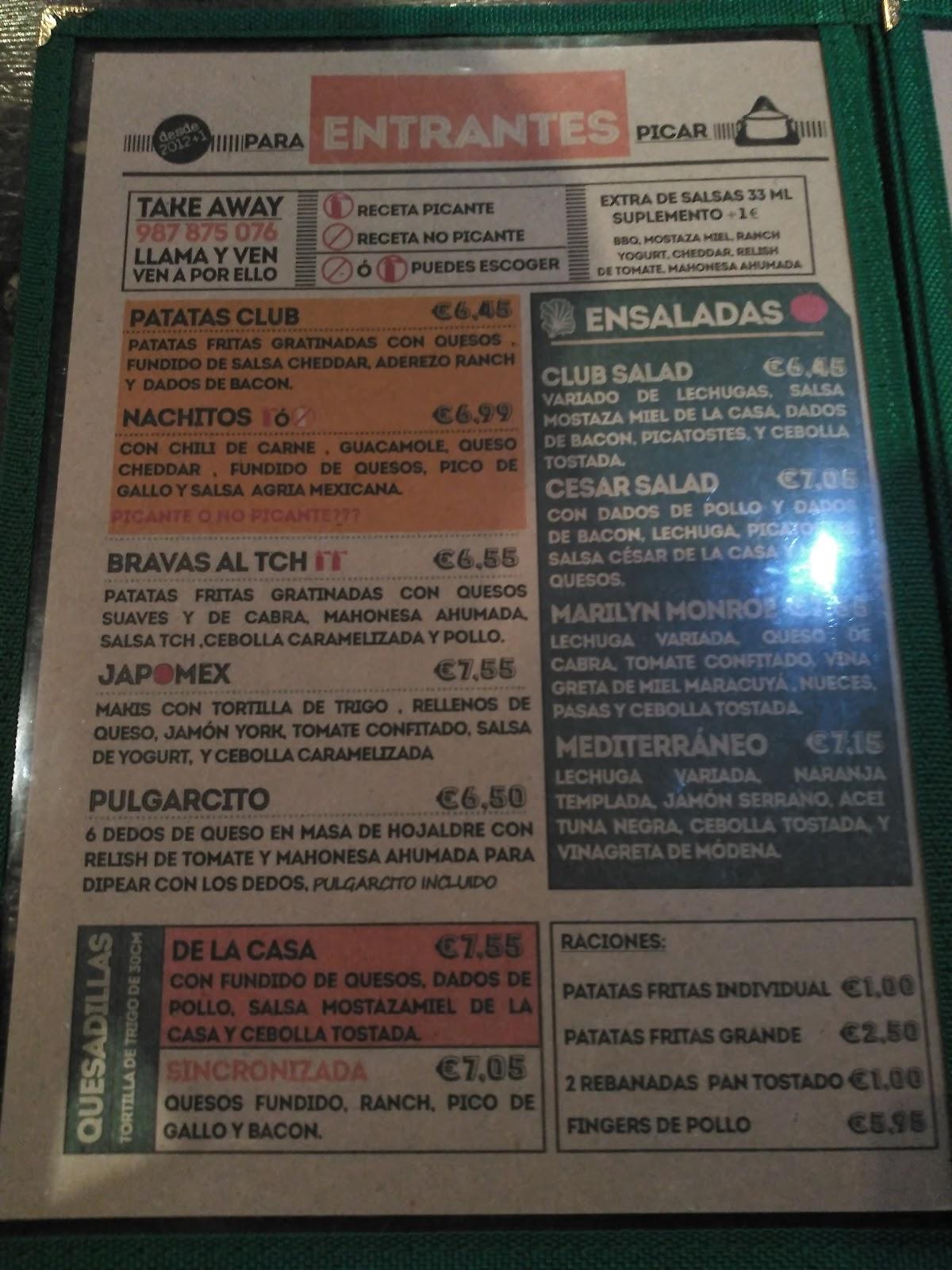 Menu at The Club House, León