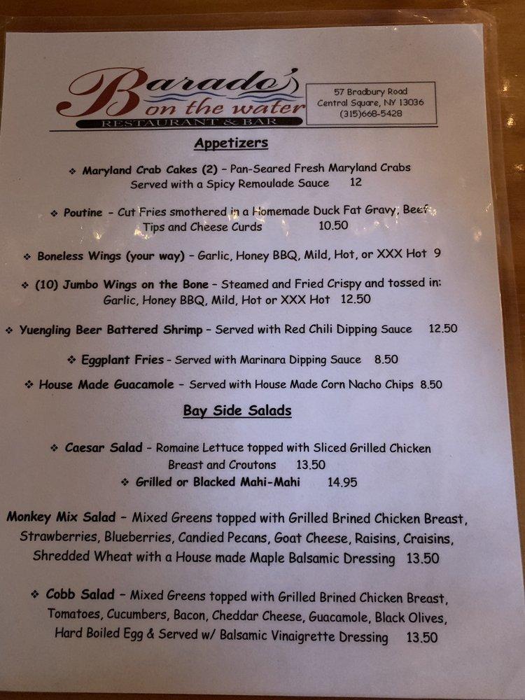 Menu at Barado's On The Water, Central Square, 57 Bradbury Rd