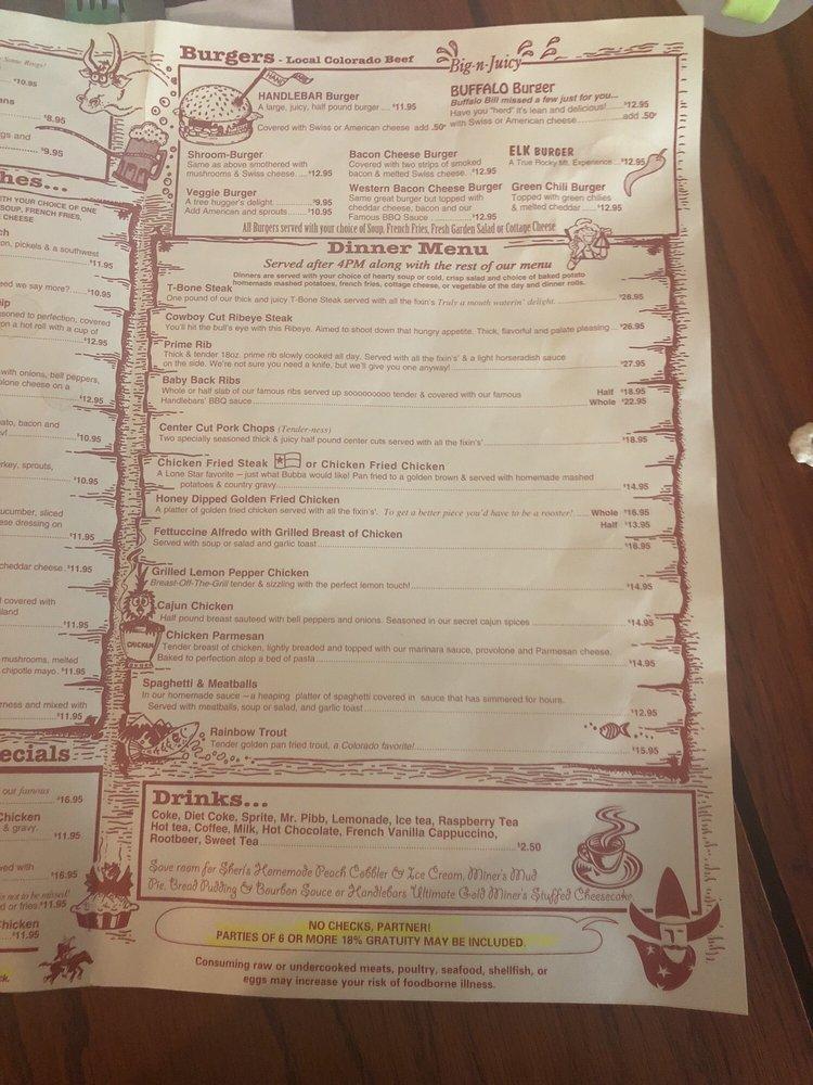 Menu at Handlebars Food & Saloon, Silverton