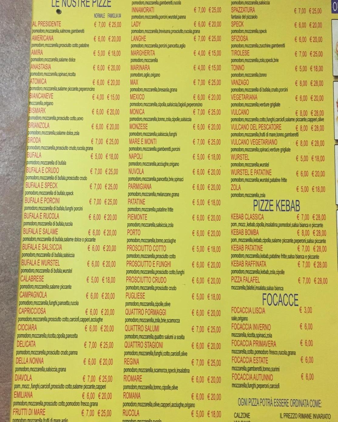 Menu di Pizza e Griglia Il Presidente 
