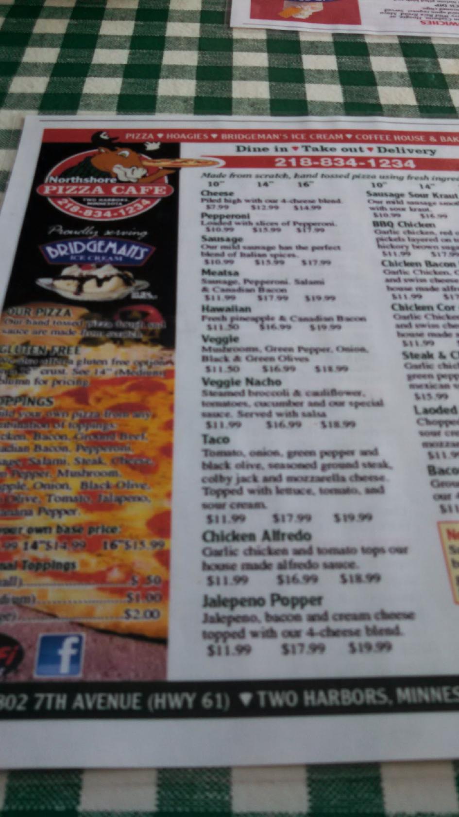 Menu at Northshore Pizza Cafe, Two Harbors