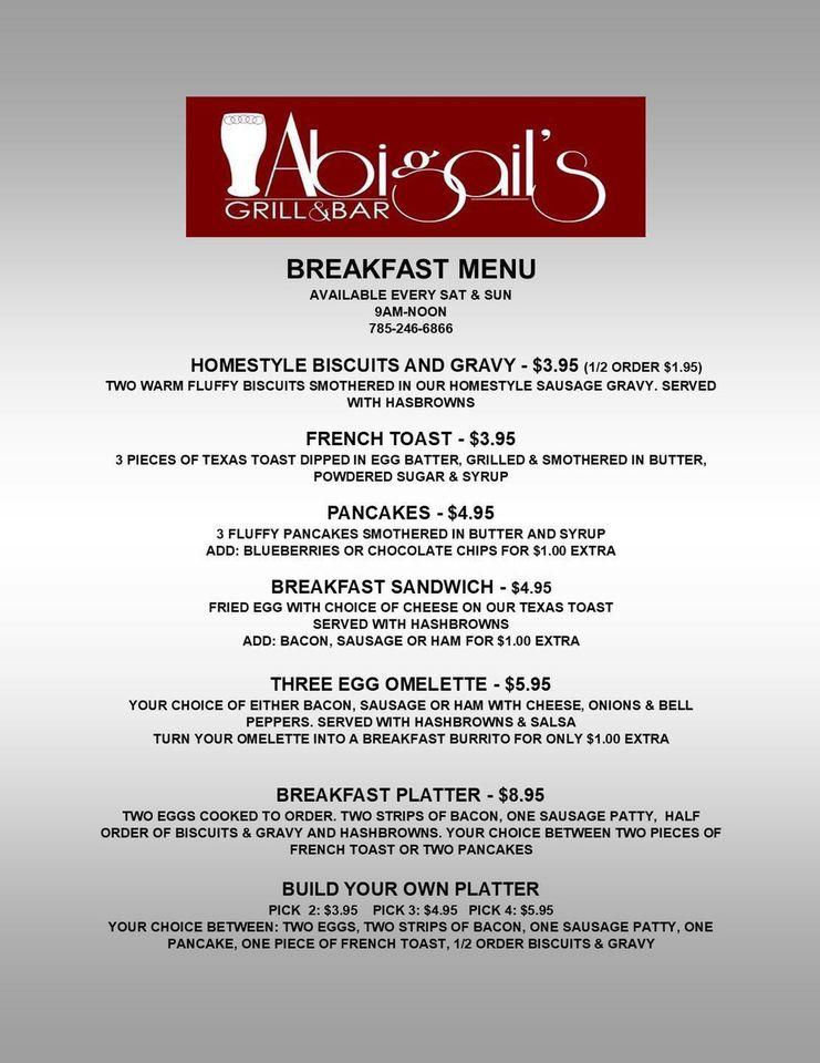 Menu at Abigail's Grill & Bar, Topeka
