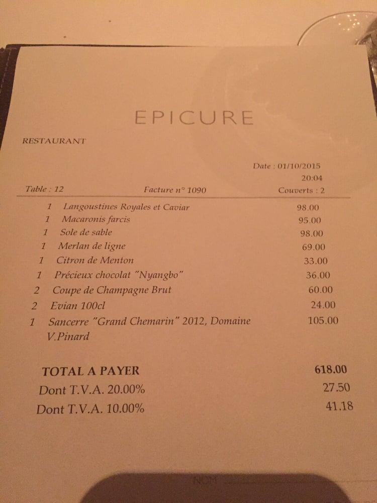 Menu at Epicure restaurant, Paris, 112 Rue du Faubourg SaintHonoré