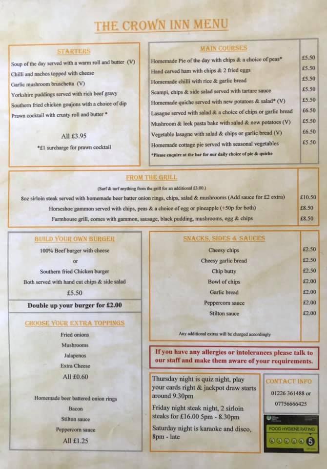 Menu at The Crown Inn Elsecar pub & bar, Barnsley