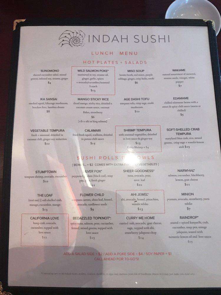 Menu at Indah Sushi restaurant, Whitefish, 250 E Second St