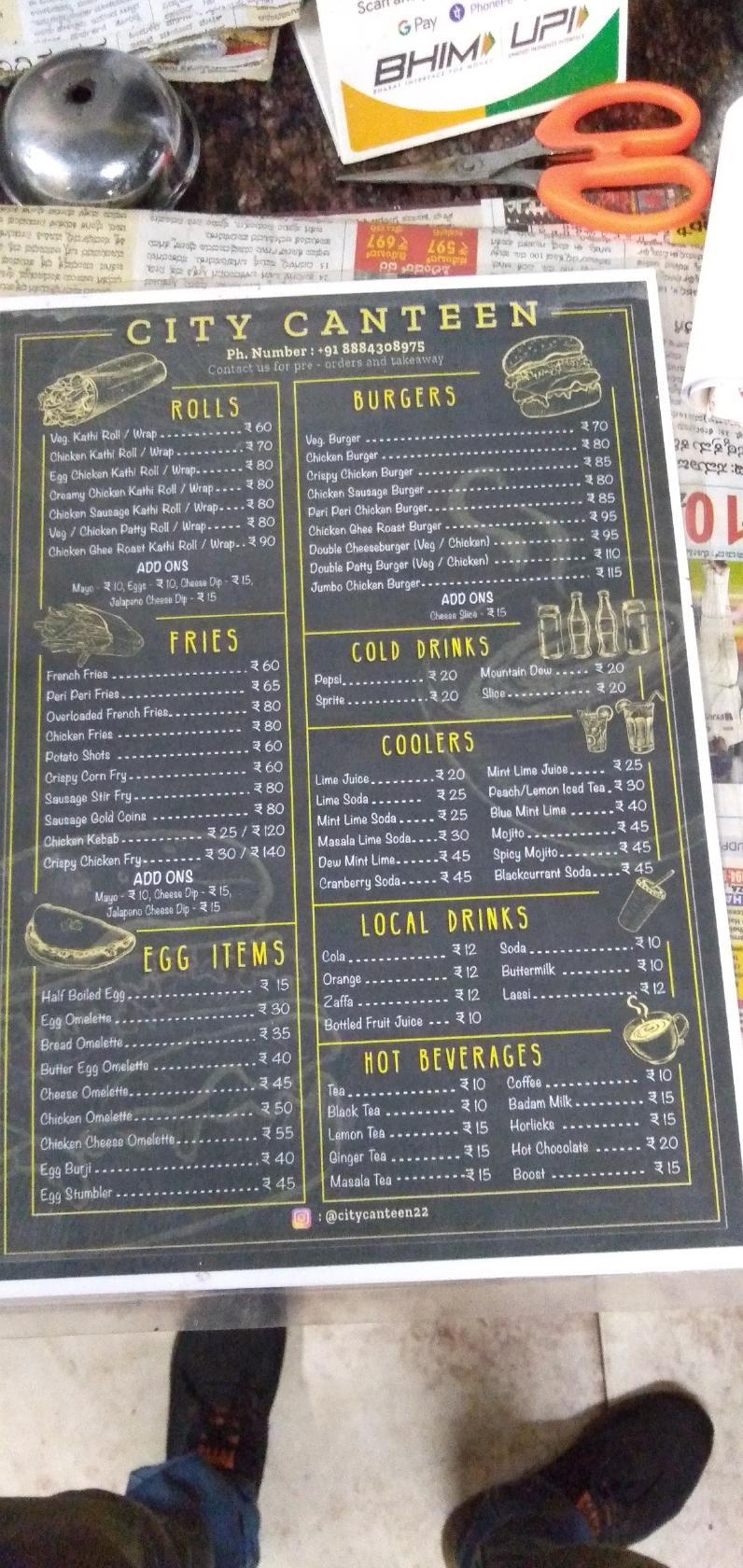 Menu at City Canteen, Mangaluru