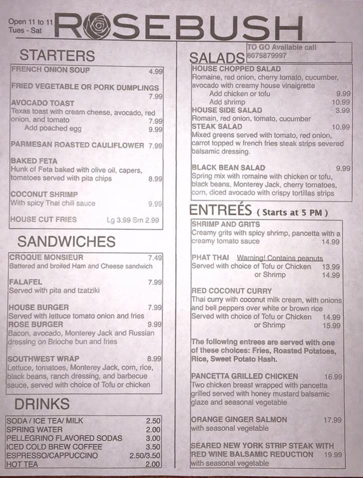 Menu at The Rosebush restaurant, Alfred
