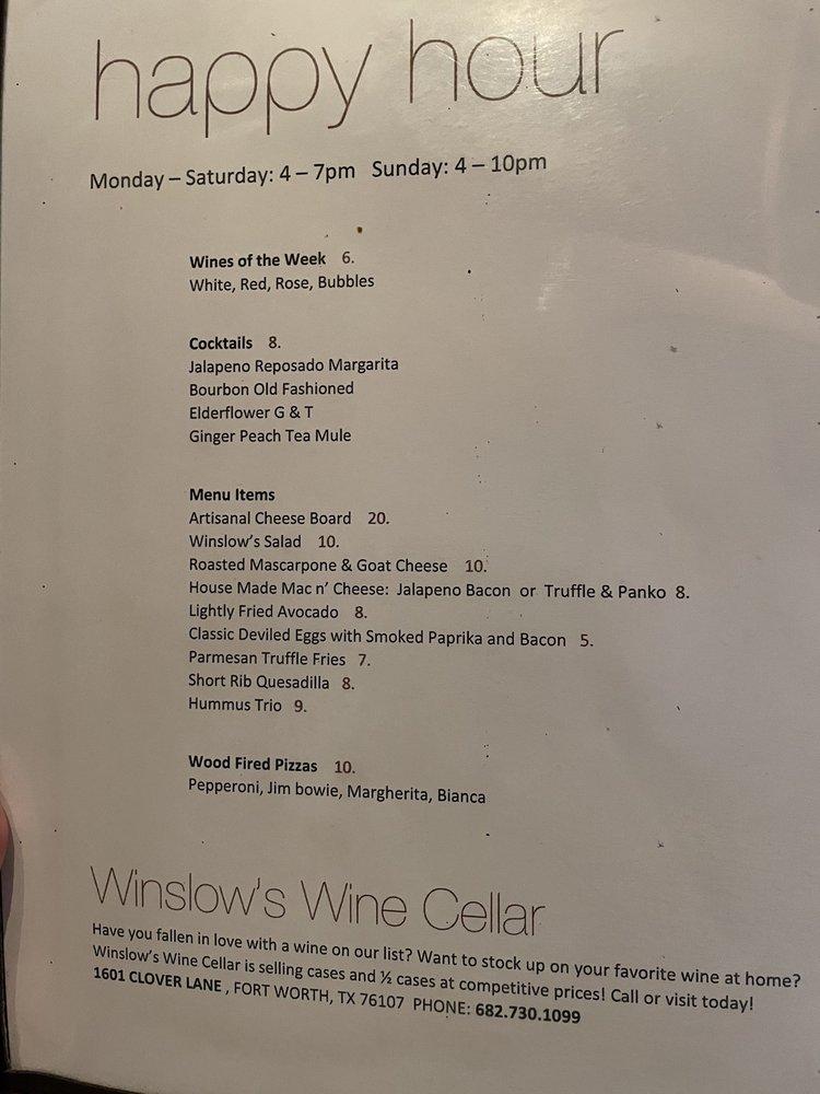 Menu at Winslow's Wine Cafe, Fort Worth