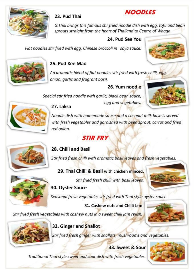 Menu at G Thai restaurant, Wagga Wagga