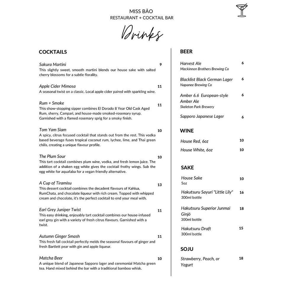 Menu at Miss Bāo Restaurant + Cocktail Bar, Kingston