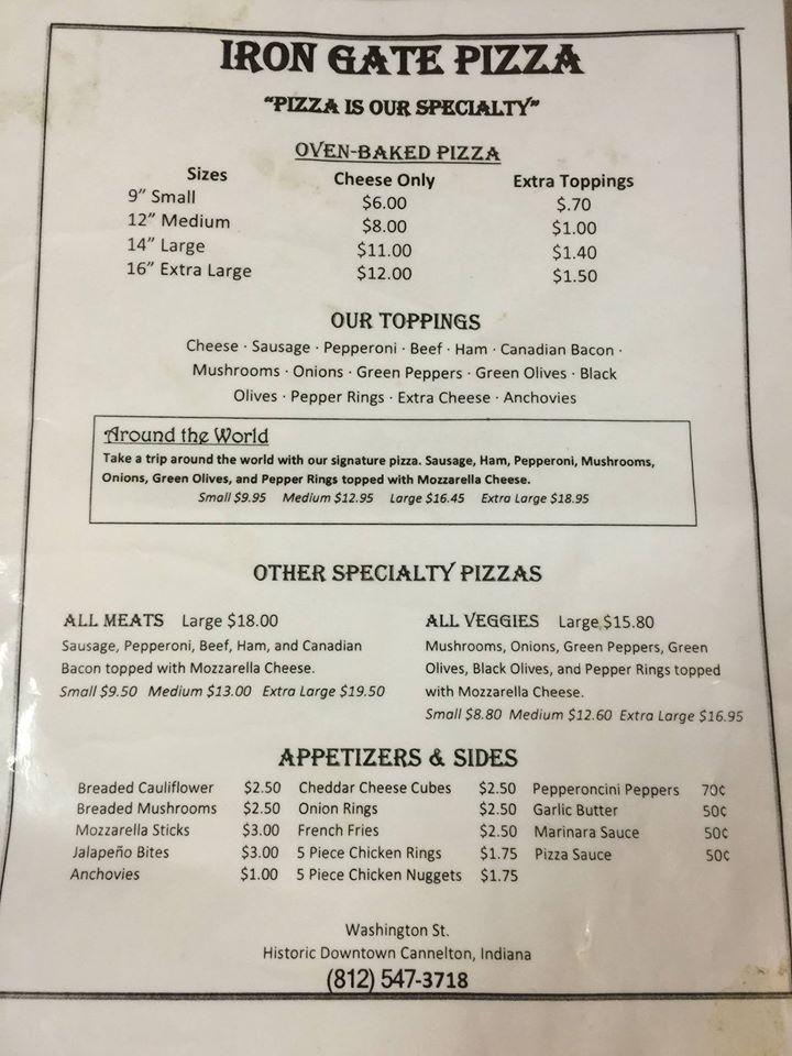 Carta de pizzería Iron Gate Pizza, Cannelton
