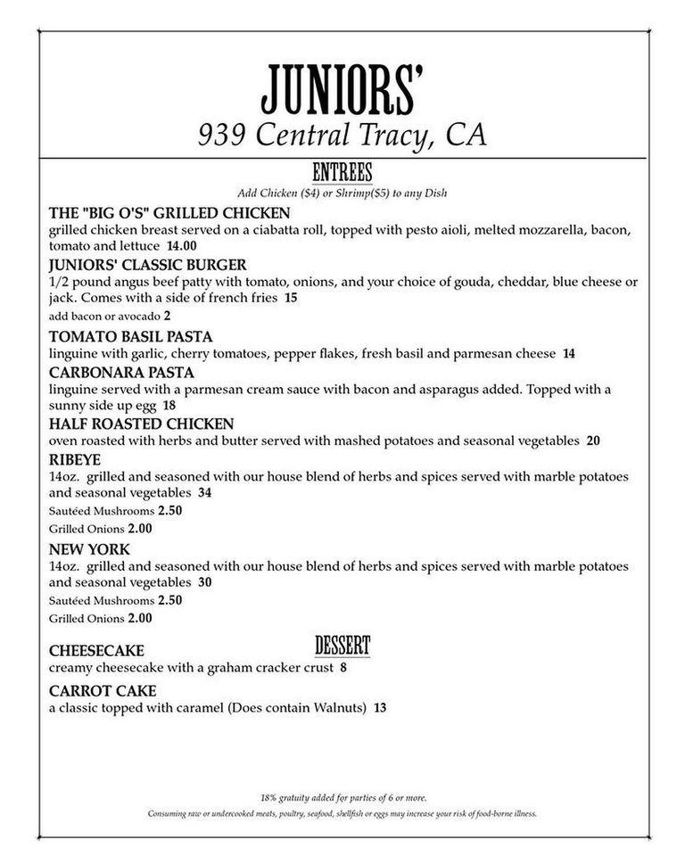 Menu at Juniors' restaurant, Tracy