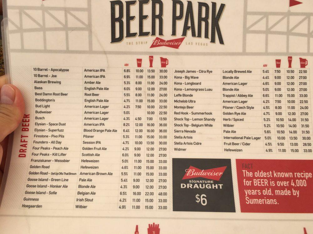 Menu At Beer Park Pub And Bar Las Vegas S Las Vegas Blvd