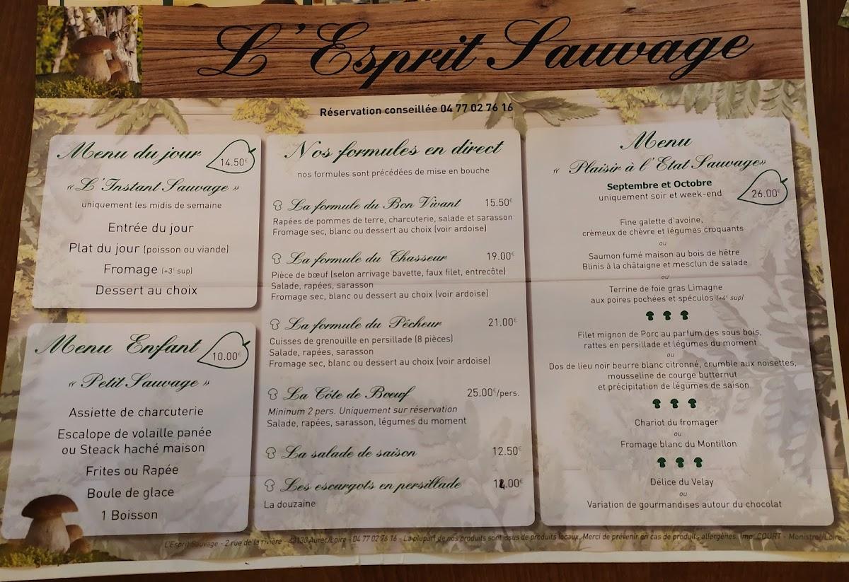 Menu au L'esprit Sauvage restaurant, AurecsurLoire