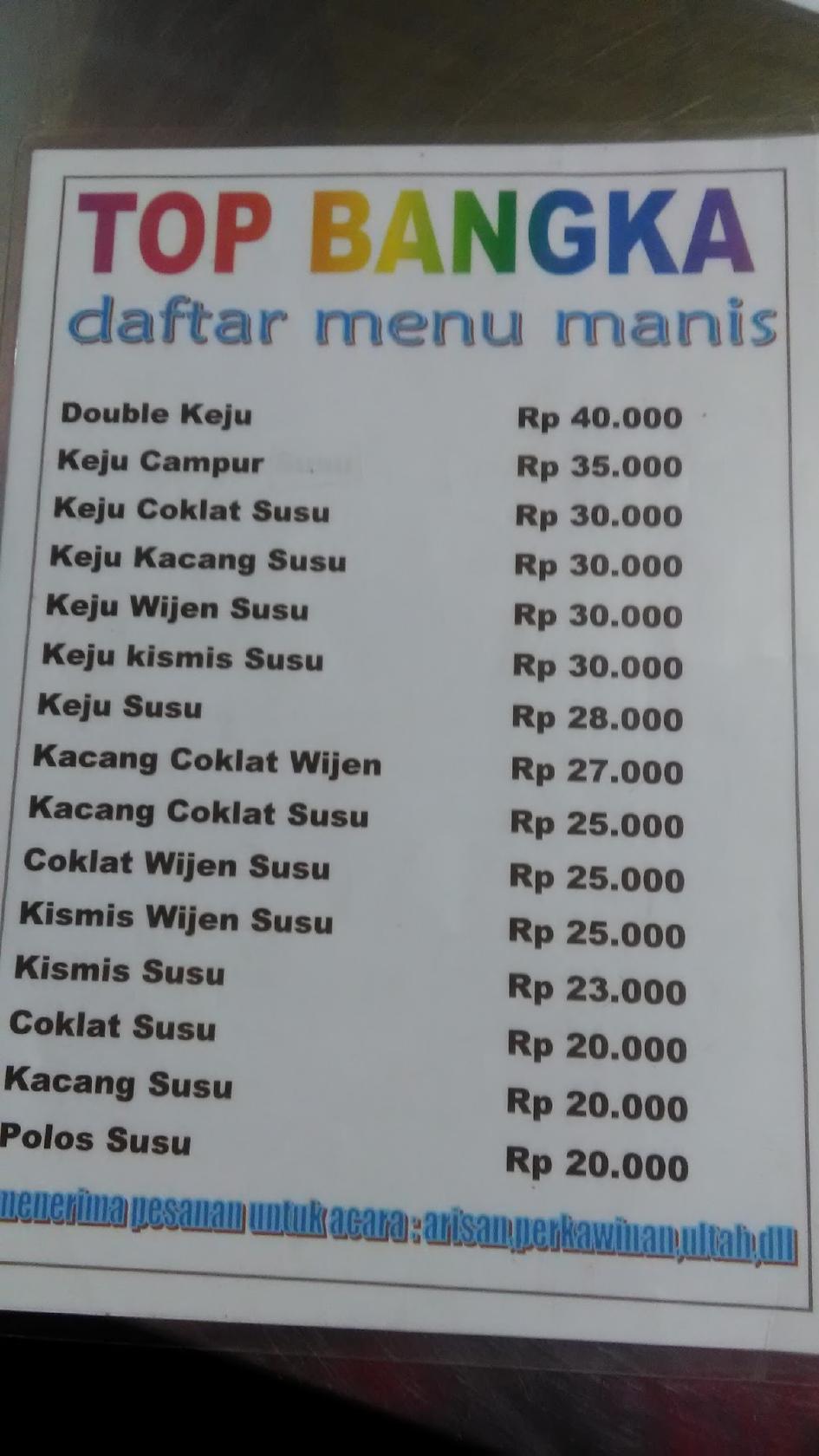 Menu At Martabak Manis Dan Telor Top Bangka Pak Azis Restaurant East Jakarta