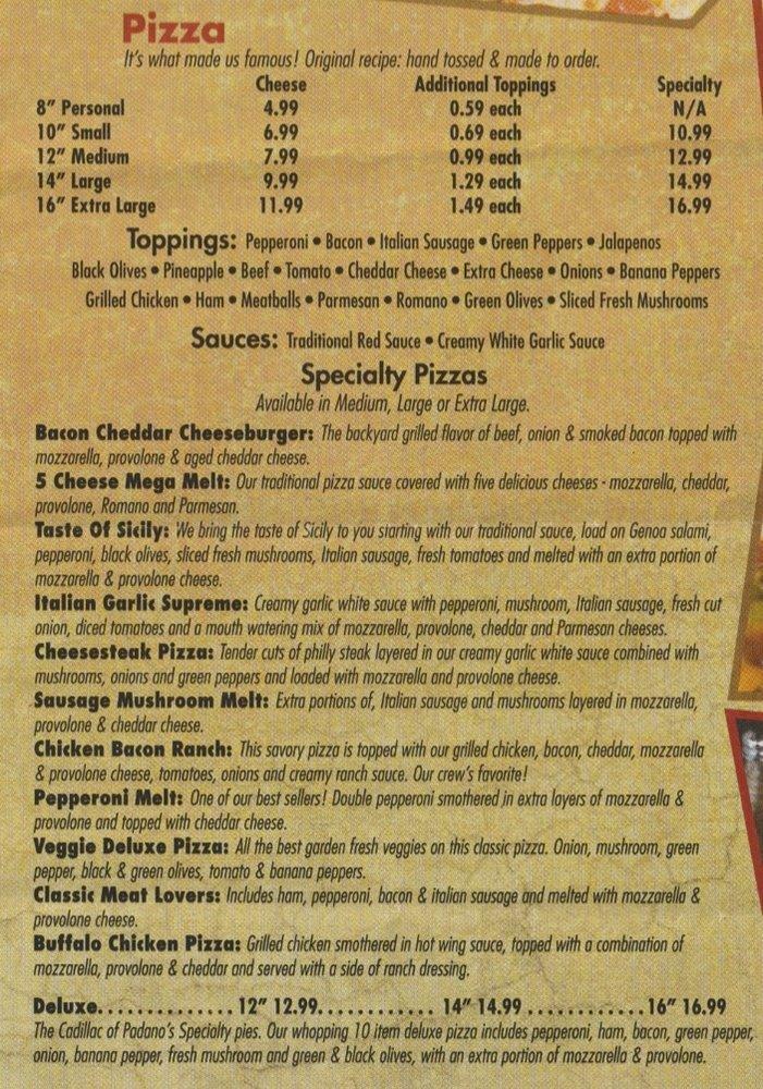 Menu at Padanos Pizza pizzeria, Saint Joseph