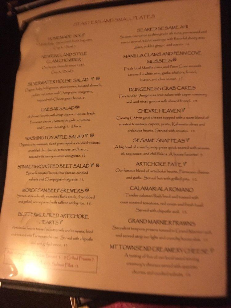 Menu at Silverwater Cafe, Port Townsend