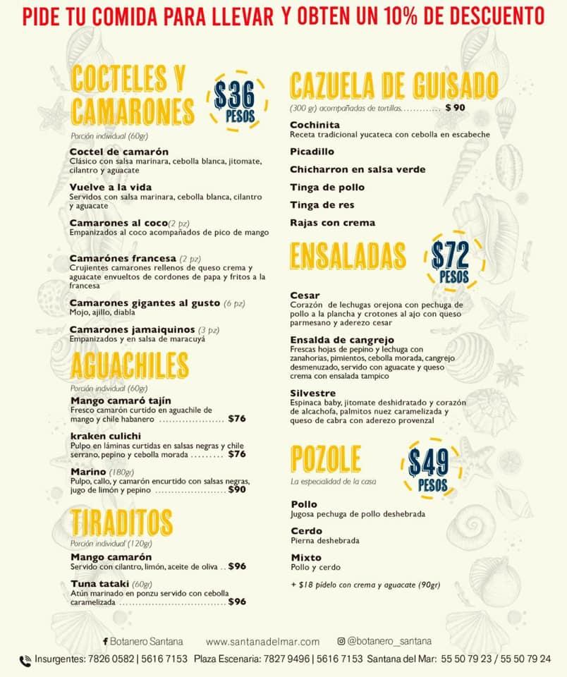 Menu at Santana del Mar restaurant, Mexico City