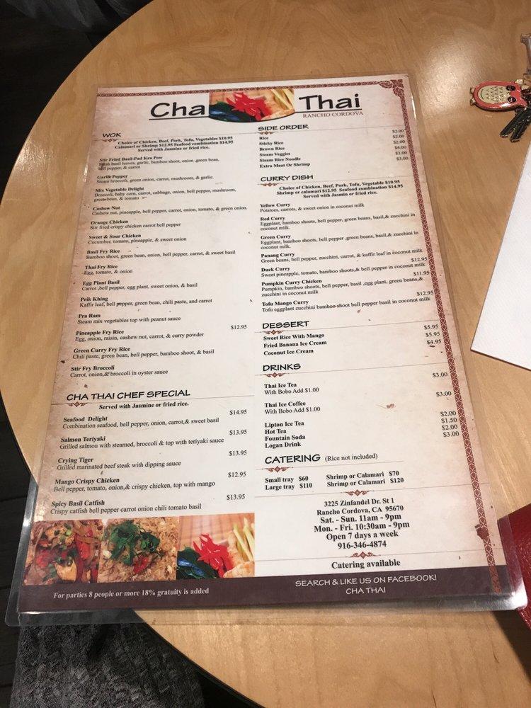 Menu at Cha Thai restaurant Rancho Cordova Zinfandel Dr 1