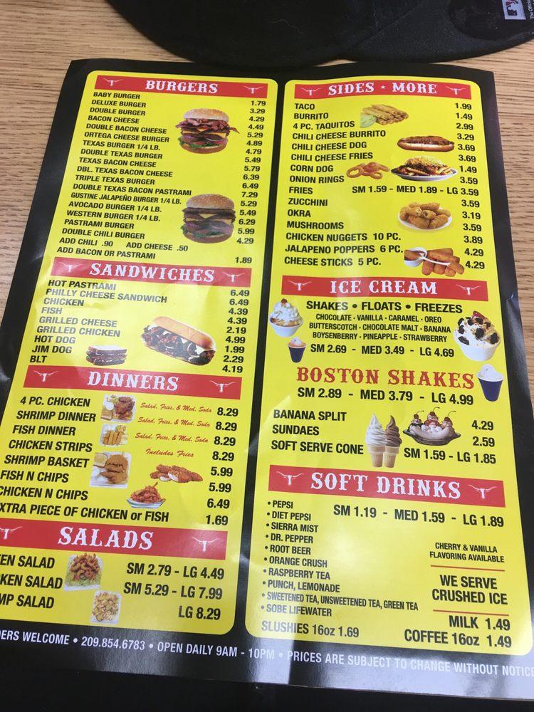 Menu at Texas Burger restaurant, Gustine