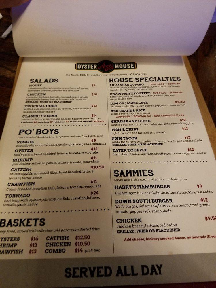 Carta del pub y bar AJ's Oyster House, Fort Smith