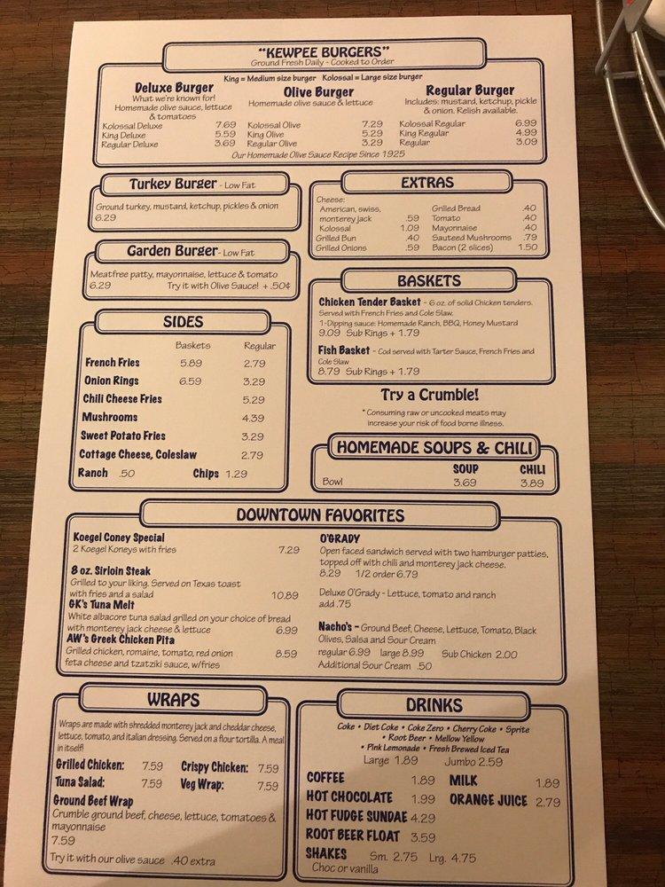 Menu at Kewpee Sandwich Shoppe restaurant, Lansing, 118 S Washington Square