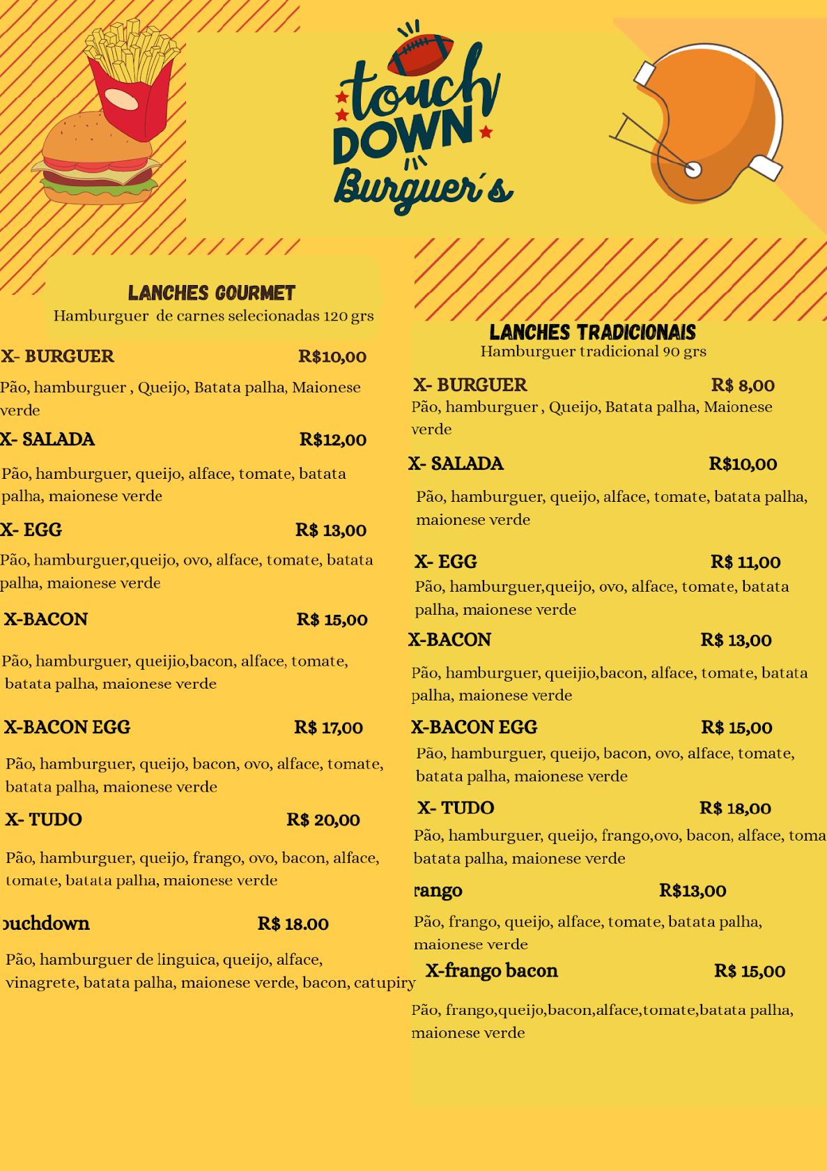 Touchdown Burguer's cardápio