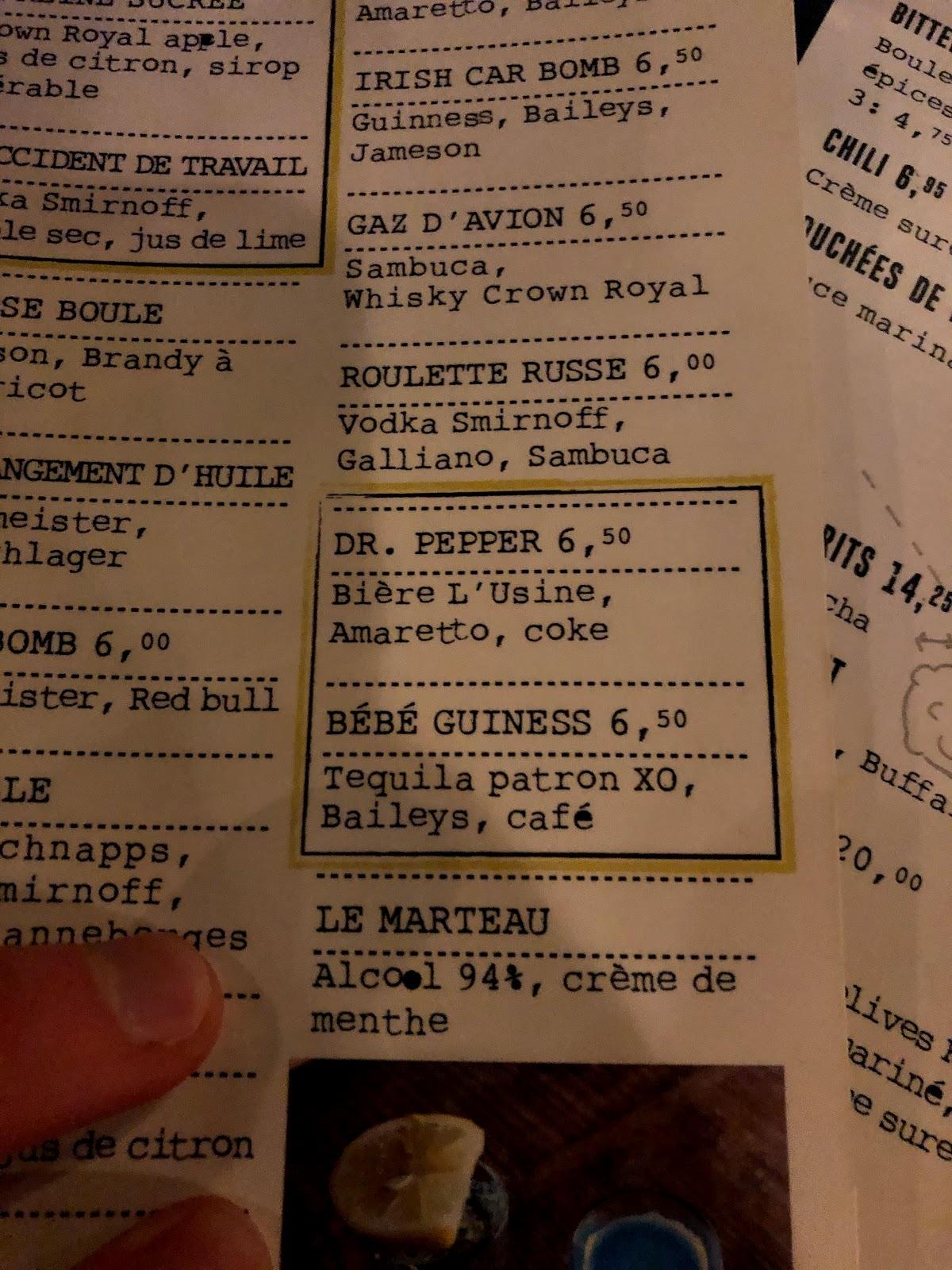Carta del pub y bar L'Usine, SainteMarthesurleLac