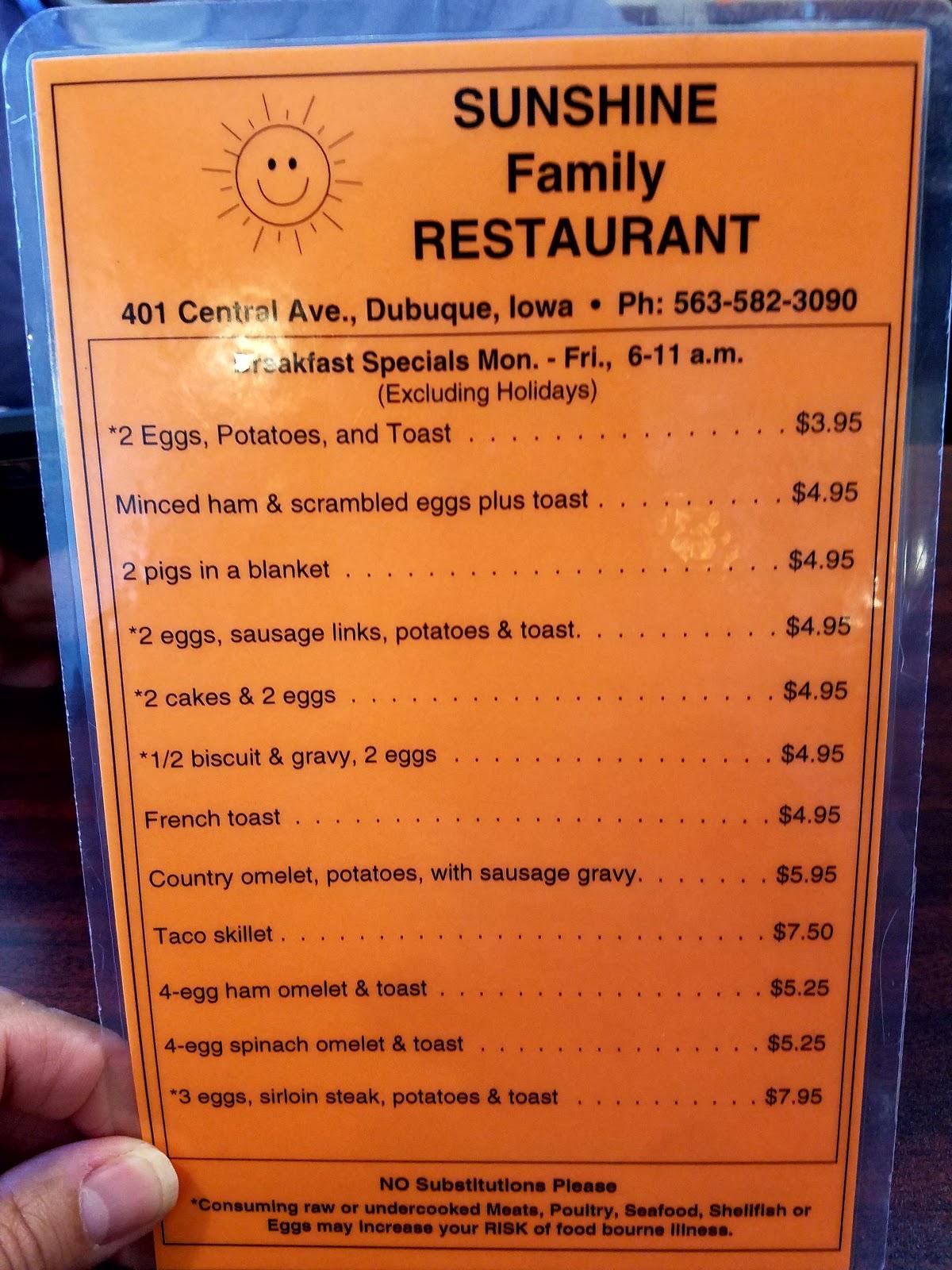 Menu at Sunshine Family Restaurant, Dubuque, 401 Central Ave