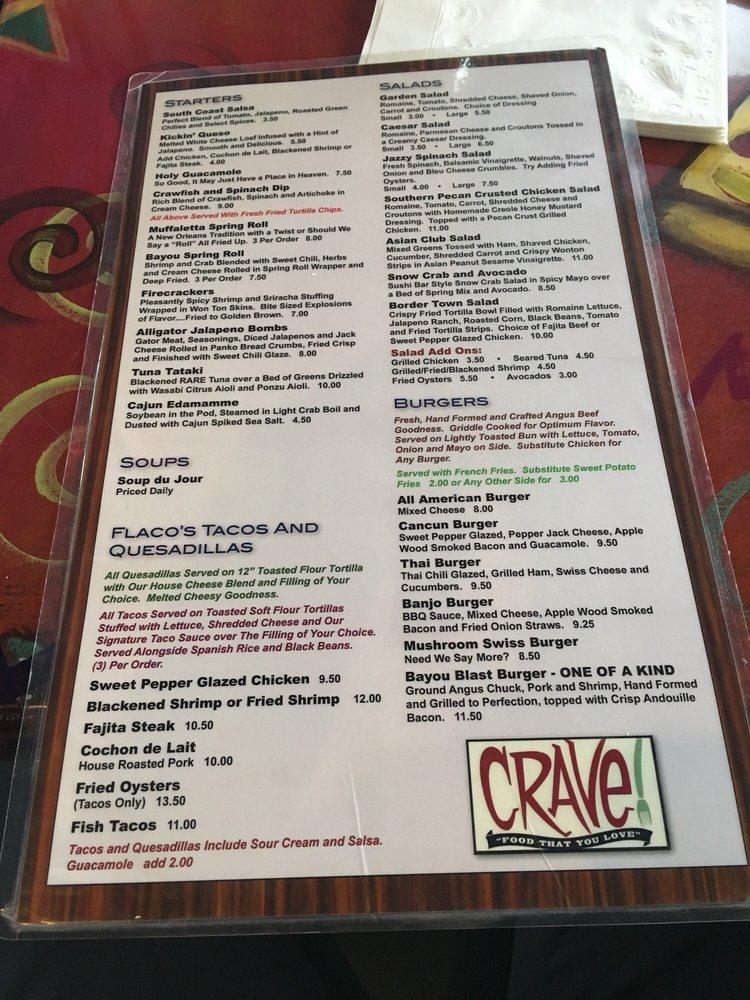 Menu at Crave restaurant, Meraux