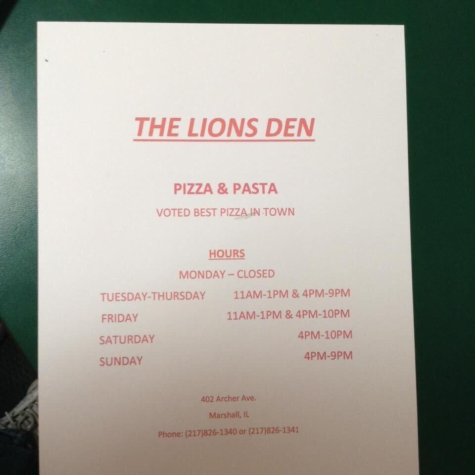 Menu at Lion's Den Pizzeria, Marshall