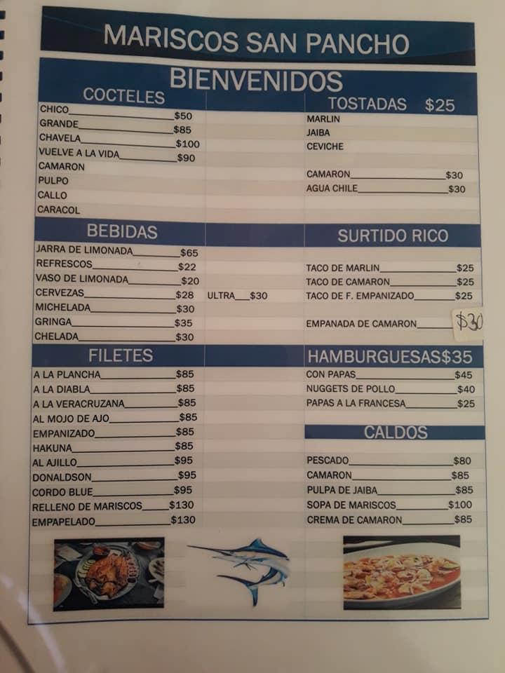 Carta del restaurante Mariscos San Pancho, San Francisco del los Romo