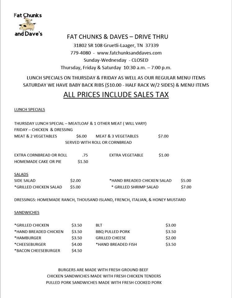 Menu at Fat Chunks & Dave's Restaurant, GruetliLaager