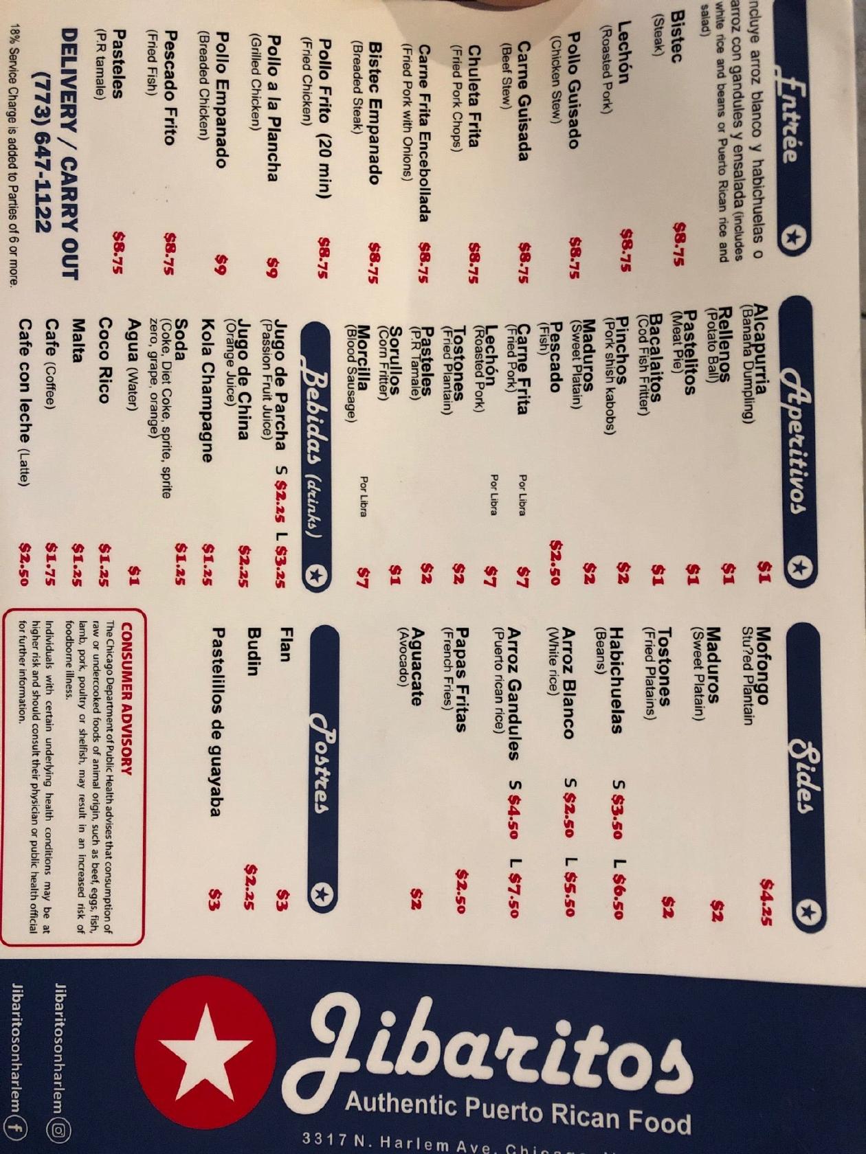 Menu at Jibaritos on Harlem, Chicago