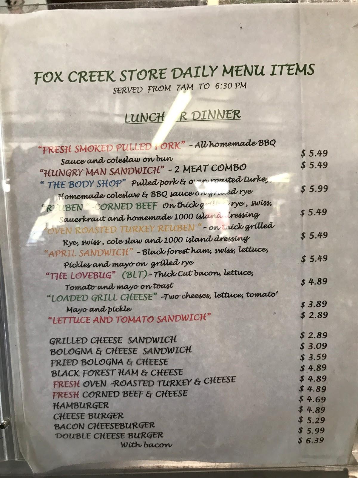 Menu at Fox Creek General Store cafe, Troutdale