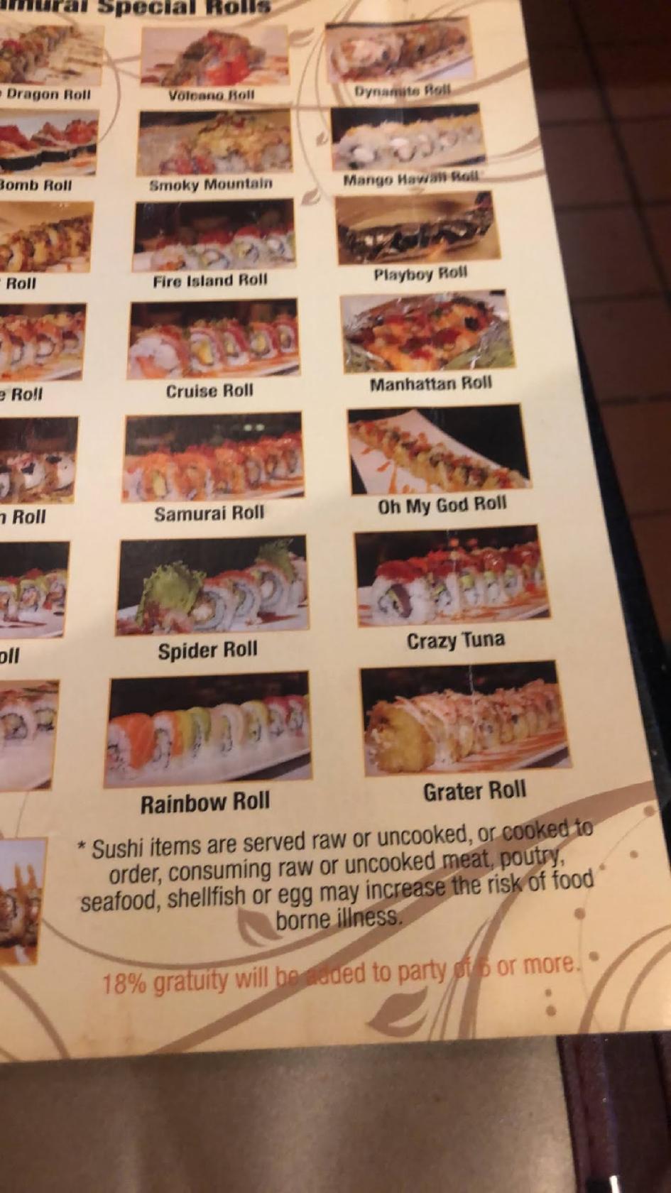 Menu at Samurai Japanese Steakhouse & Sushi Bar, Little Rock