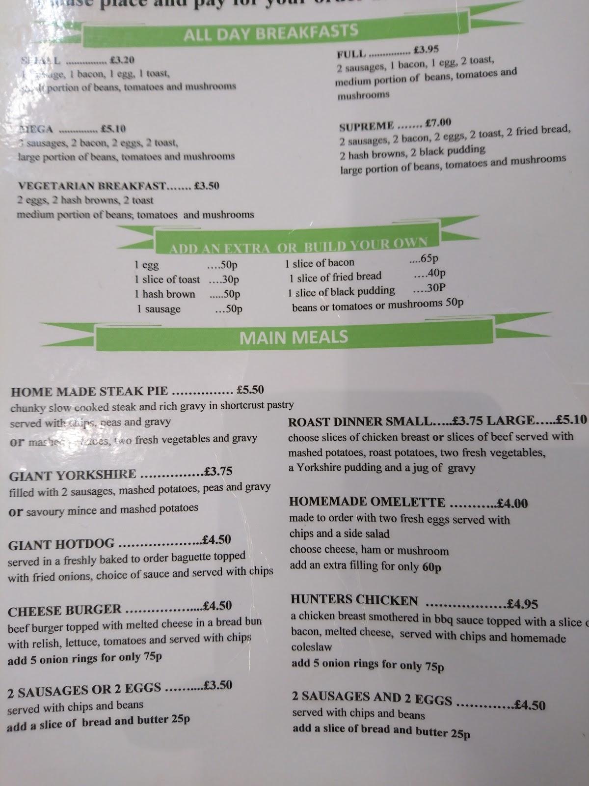 Menu at Sunny's Cafe, Scarborough