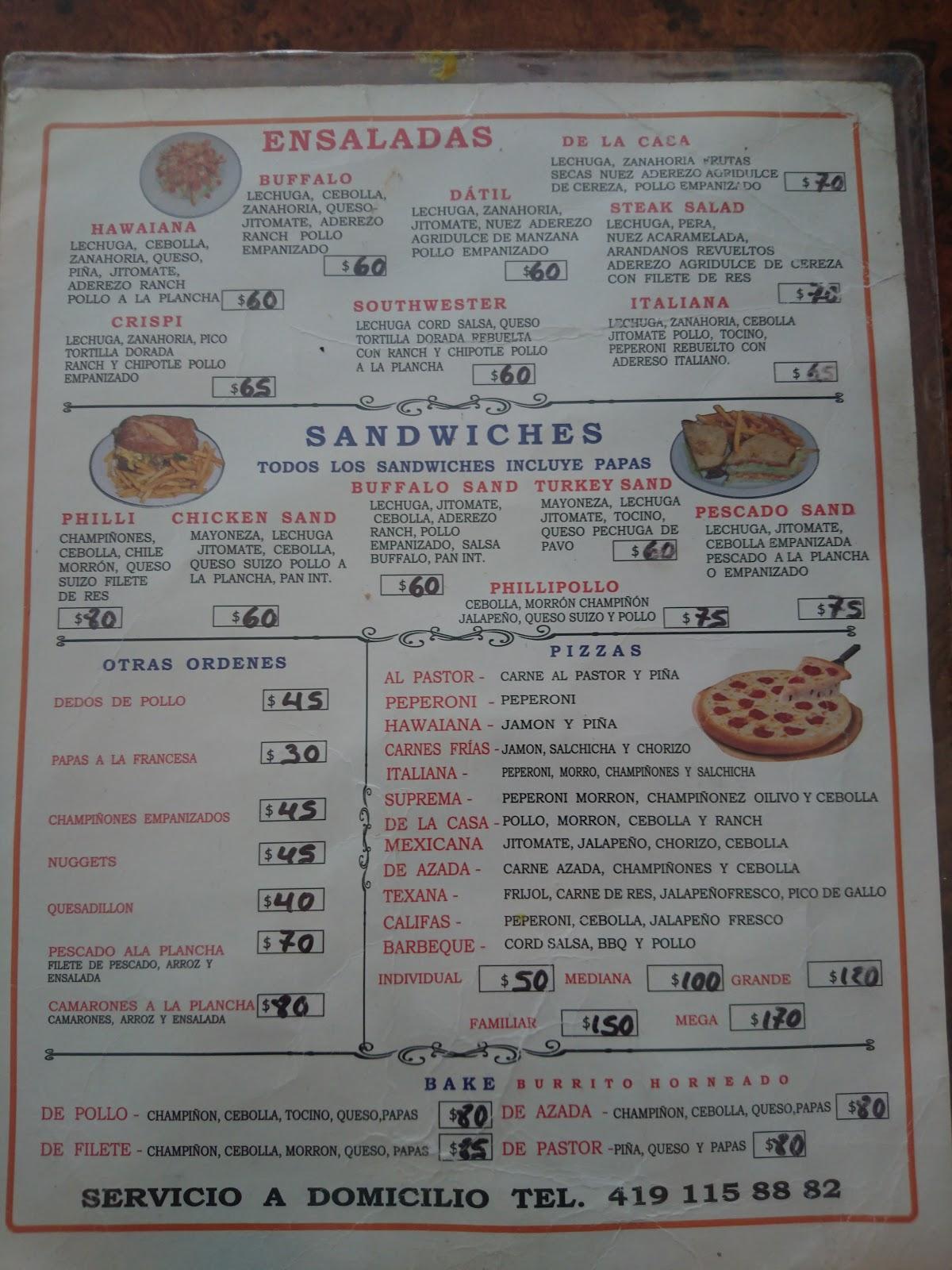 Menu at Burrito Joint pizzeria, San José Iturbide