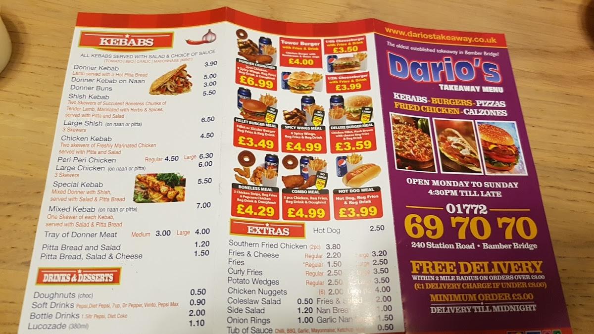 Menu at Dario's fast food, Preston