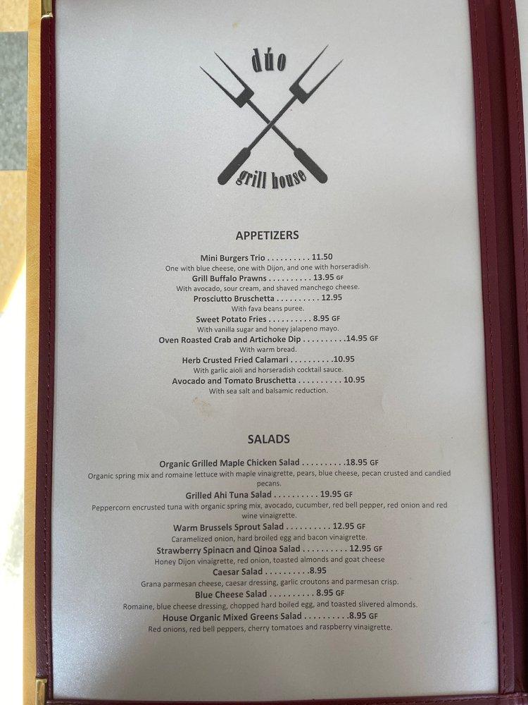 Menu at Duo Grill House restaurant, Albany