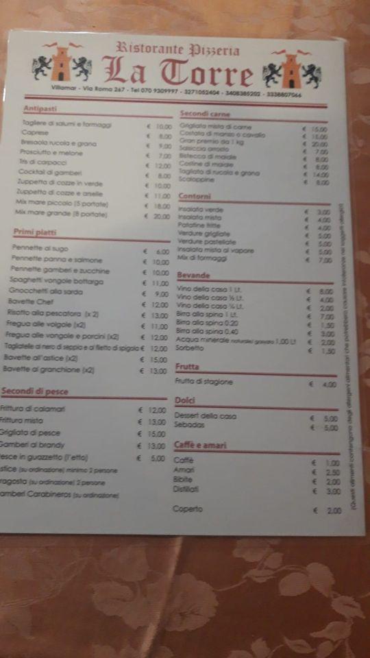 Speisekarte Von Ristorante Pizzeria La Torre Villamar