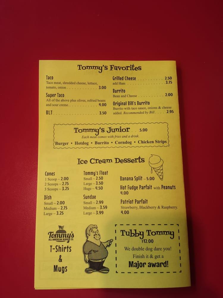 Menu at Tommy's All American Burgers fast food, Myrtle Creek