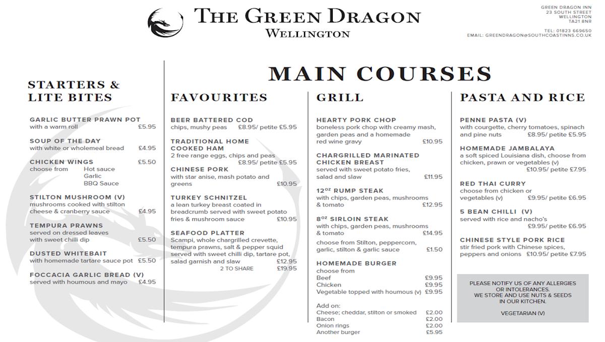 Menu at The Green Dragon pub & bar, Wellington