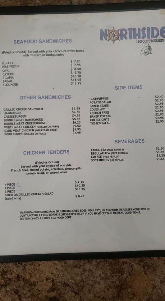 Menu at Northside Seafood restaurant, Chattahoochee