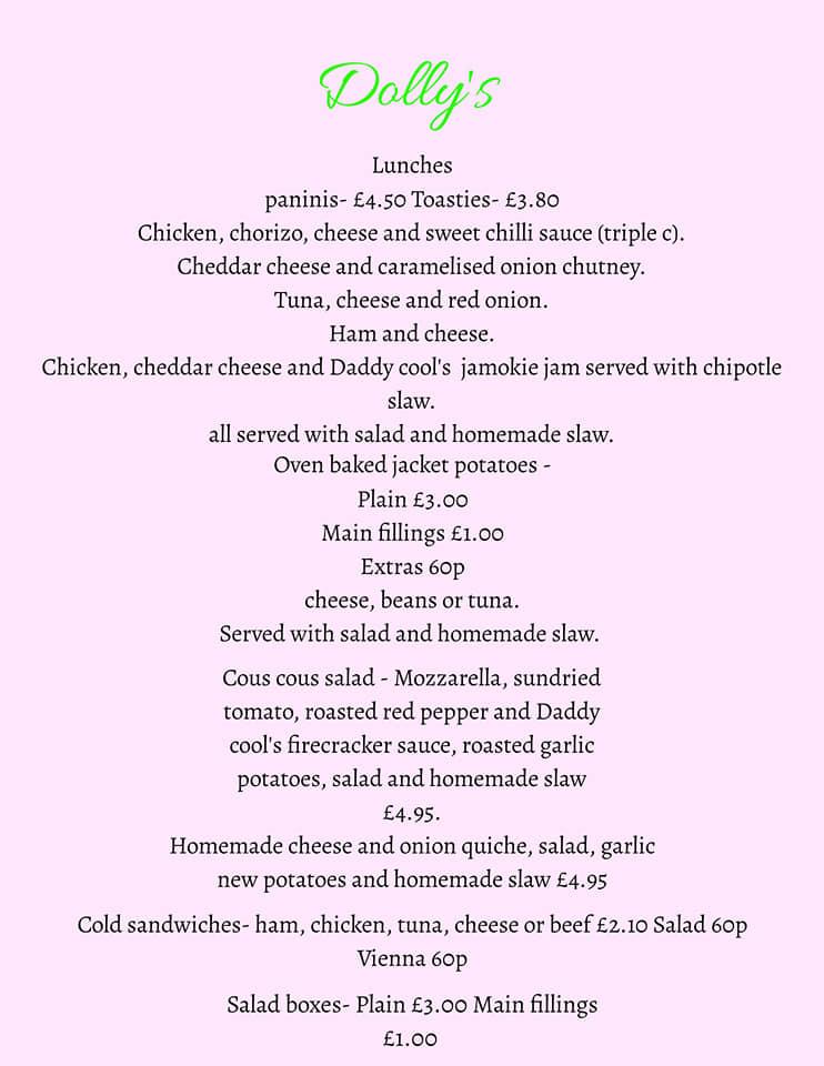 Menu at Dollys Cafe, Glossop