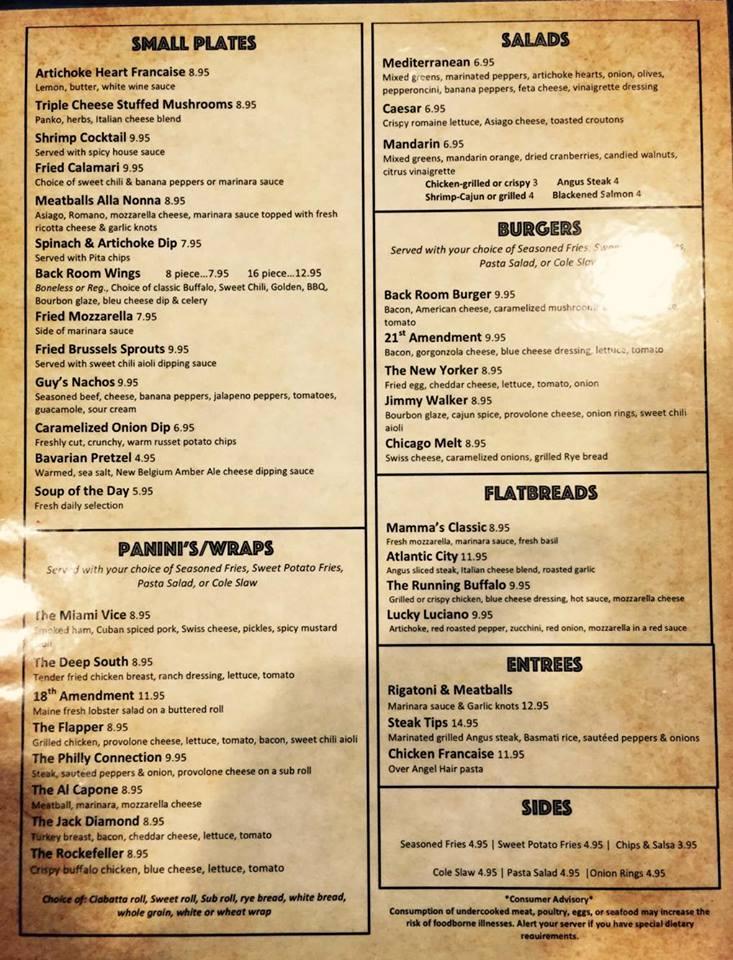 Menu at The Back Room Bar & Grill, Agawam