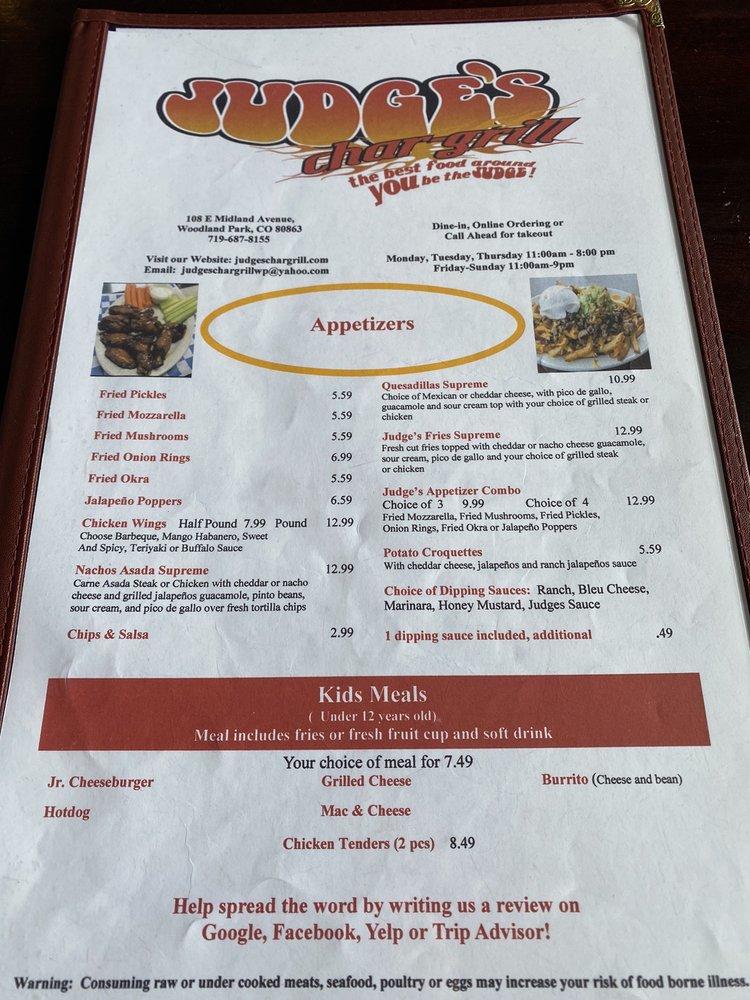 Menu at Judge's CharGrill restaurant, Woodland Park